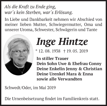 Traueranzeige von Inge Hintze von Märkische Oderzeitung