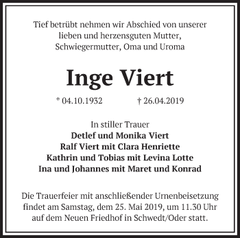 Traueranzeige von Inge Viert von Märkische Oderzeitung