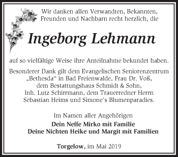 Traueranzeige von Ingeborg Lehmann von Märkische Oderzeitung