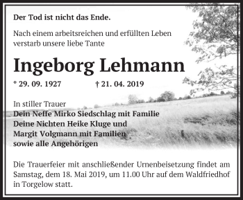 Traueranzeige von Ingeborg Lehmann von Märkische Oderzeitung