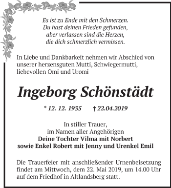 Traueranzeige von Ingeborg Schönstädt von Märkische Oderzeitung