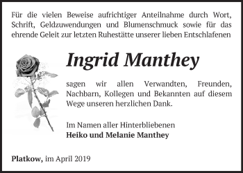 Traueranzeige von Ingrid Manthey von Märkische Oderzeitung