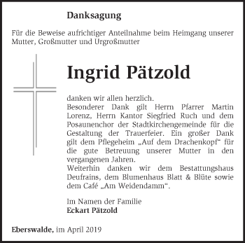 Traueranzeige von Ingrid Pätzold von Märkische Oderzeitung