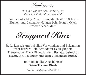 Traueranzeige von Irmgard Hinz von Märkische Oderzeitung