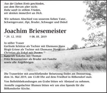 Traueranzeige von Joachim Briesemeister von Märkische Oderzeitung