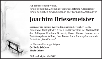 Traueranzeige von Joachim Briesemeister von Märkische Oderzeitung