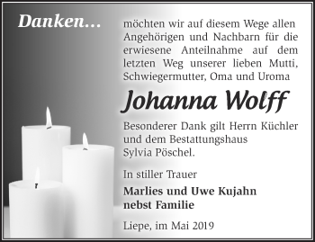 Traueranzeige von Johanna Wolff von Märkische Oderzeitung