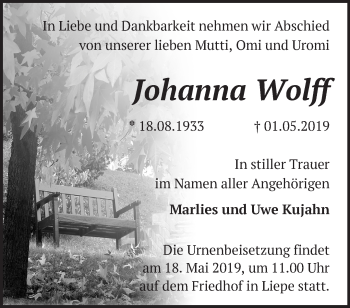 Traueranzeige von Johanna Wolff von Märkische Oderzeitung