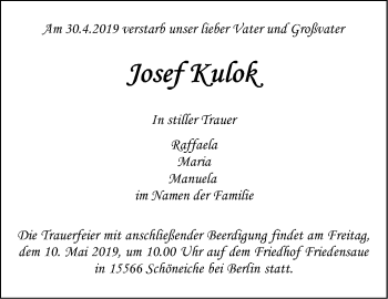 Traueranzeige von Josef Kulok von Märkische Oderzeitung