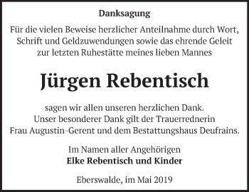 Traueranzeige von Jürgen Rebentisch von Märkische Oderzeitung