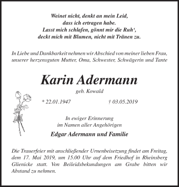 Traueranzeige von Karin Adermann von Märkische Oderzeitung