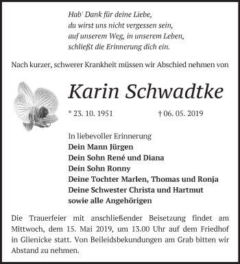 Traueranzeige von Karin Schwadtke von Märkische Oderzeitung