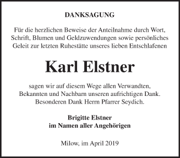 Traueranzeige von Karl Elstner von Märkische Oderzeitung