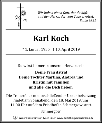 Traueranzeige von Karl Koch von Märkische Oderzeitung