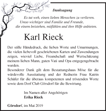 Traueranzeige von Karl Rieck von Märkische Oderzeitung