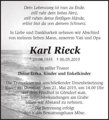 Traueranzeige von Karl Rieck von Märkische Oderzeitung