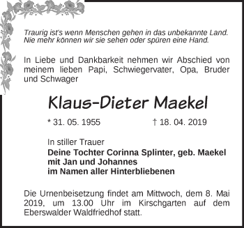 Traueranzeige von Klaus-Dieter Maekel von Märkische Oderzeitung