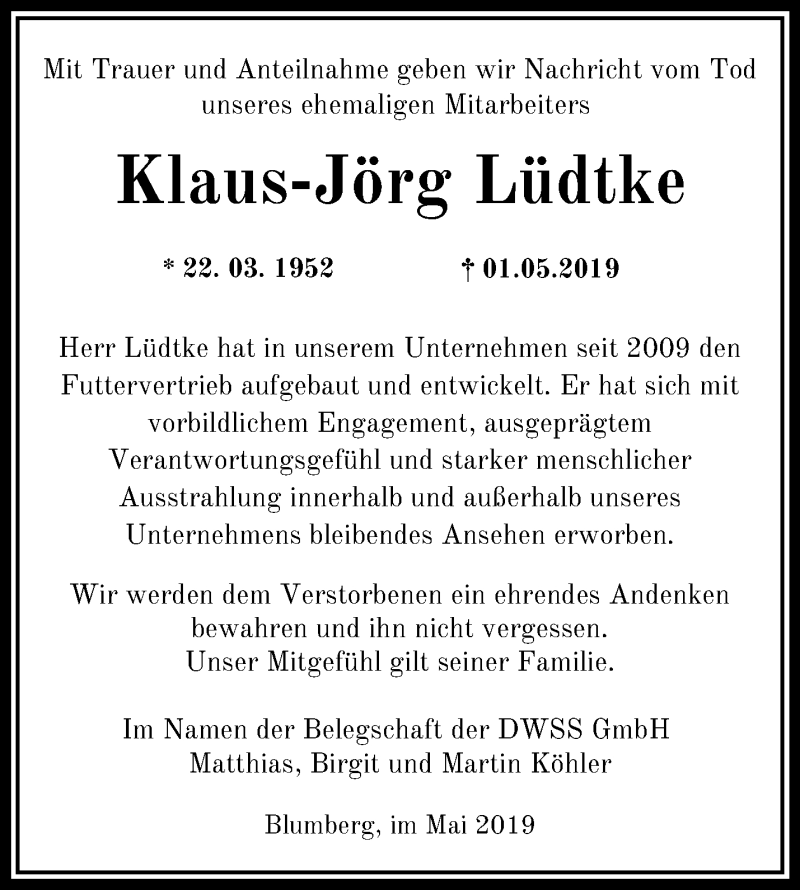  Traueranzeige für Klaus-Jörg Lüdtke vom 08.05.2019 aus Märkische Oderzeitung