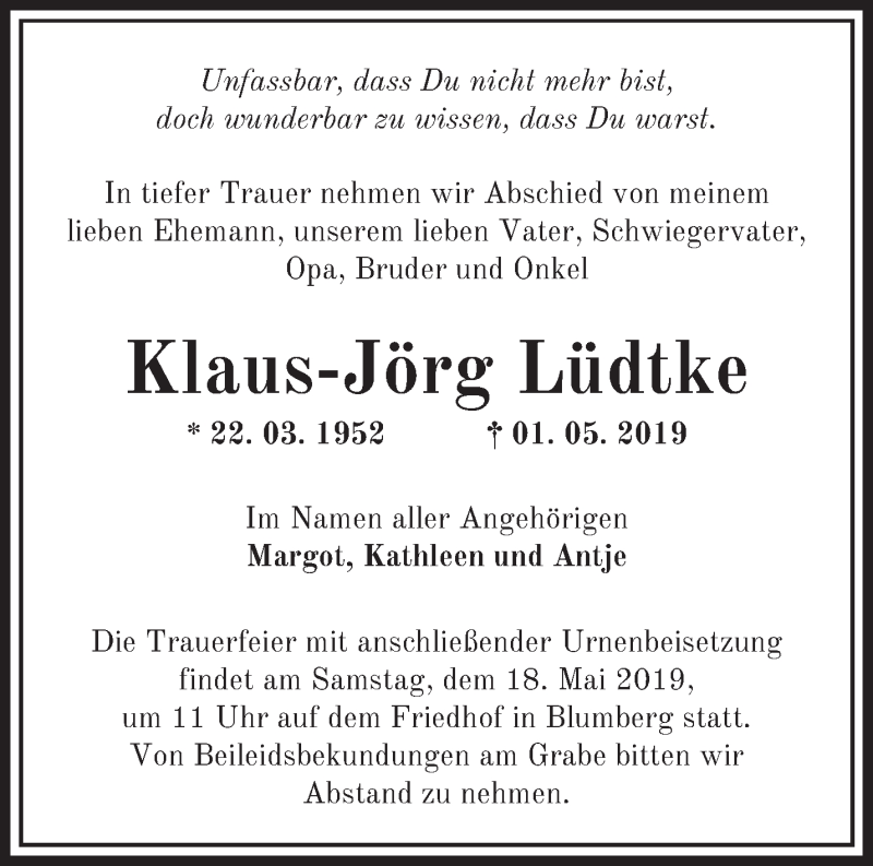  Traueranzeige für Klaus-Jörg Lüdtke vom 04.05.2019 aus Märkische Oderzeitung