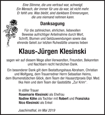 Traueranzeige von Klaus-Jürgen Klesinski von Märkische Oderzeitung