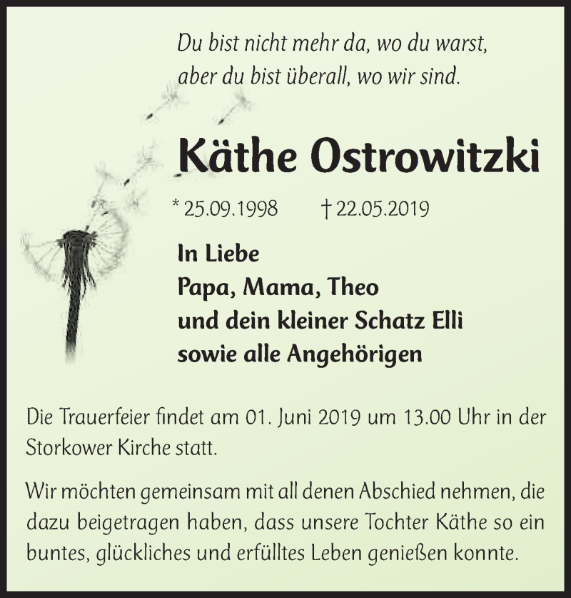  Traueranzeige für Käthe Ostrowitzki vom 29.05.2019 aus Märkische Oderzeitung