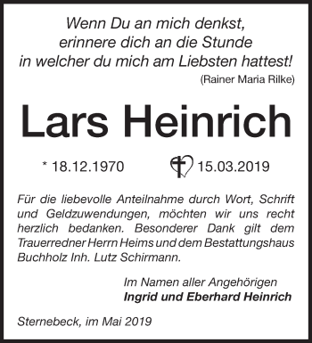 Traueranzeige von Lars Heinrich von Märkische Oderzeitung