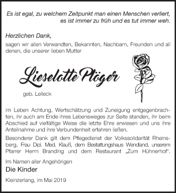 Traueranzeige von Lieselotte Plöger von Märkische Oderzeitung