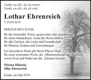 Traueranzeige von Lothar Ehrenreich von Märkische Oderzeitung