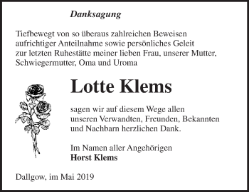 Traueranzeige von Lotte Klems von Märkische Oderzeitung