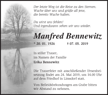 Traueranzeige von Manfred Bennewitz von Märkische Oderzeitung