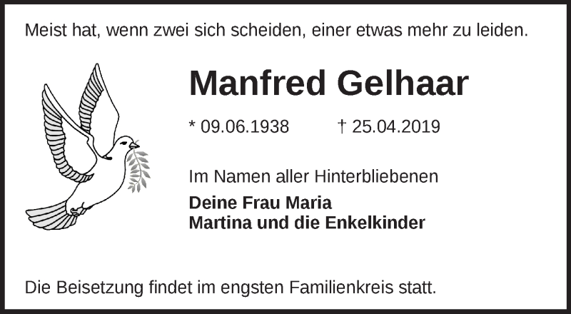  Traueranzeige für Manfred Gelhaar vom 04.05.2019 aus Märkische Oderzeitung