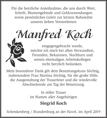 Traueranzeige von Manfred Koch von Märkische Oderzeitung