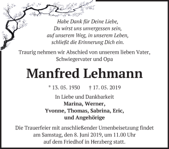 Traueranzeige von Manfred Lehmann von Märkische Oderzeitung