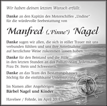 Traueranzeige von Manfred Nagel von Märkische Oderzeitung