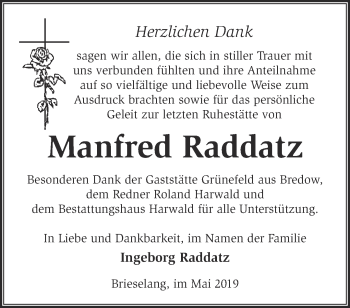 Traueranzeige von Manfred Raddatz von Märkische Oderzeitung