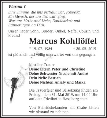 Traueranzeige von Marcus Kohllöffel von Märkische Oderzeitung