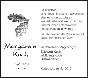 Traueranzeige von Margarete Koch von Märkische Oderzeitung