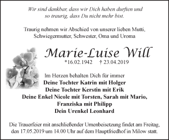 Traueranzeige von Marie-Luise Will von Märkische Oderzeitung