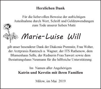 Traueranzeige von Marie-Luise Will von Märkische Oderzeitung