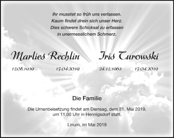 Traueranzeige von Marlies und Iris  von Märkische Oderzeitung