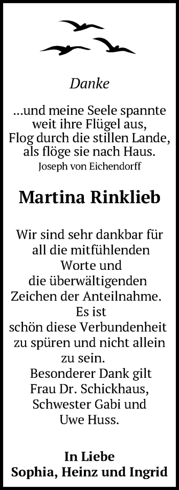 Traueranzeige von Martina Rinklieb von Märkische Oderzeitung