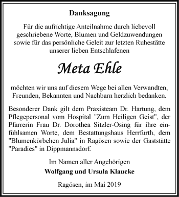 Traueranzeige von Meta Ehle von Märkische Oderzeitung