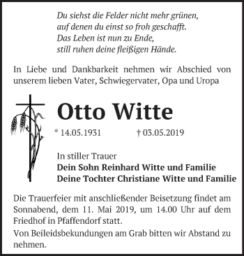 Traueranzeige von Otto Witte von Märkische Oderzeitung