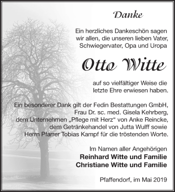 Traueranzeige von Otto Witte von Märkische Oderzeitung