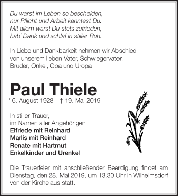 Traueranzeige von Paul Thiele von Märkische Oderzeitung