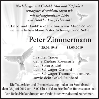 Traueranzeige von Peter Zimmermann von Märkische Oderzeitung