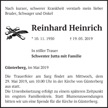 Traueranzeige von Reinhard Heinrich von Märkische Oderzeitung