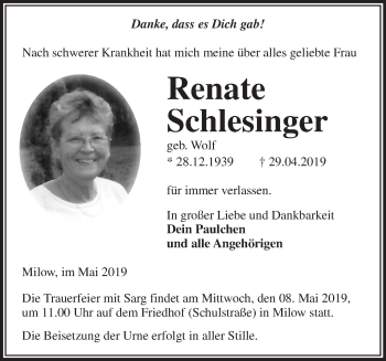 Traueranzeige von Renate Schlesinger von Märkische Oderzeitung