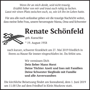 Traueranzeige von Renate Schönfeld von Märkische Oderzeitung