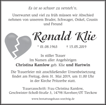 Traueranzeige von Ronald Klie von Märkische Oderzeitung